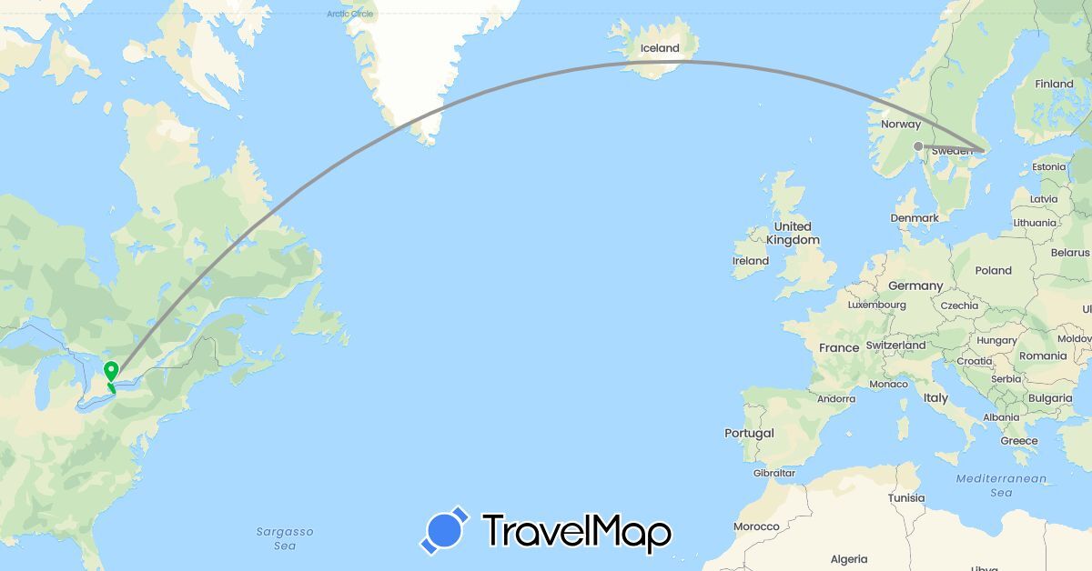 TravelMap itinerary: driving, bus, plane in Canada, Norway, Sweden (Europe, North America)